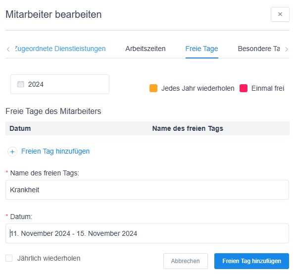 Abwesenheiten von Mitarbeitenden werden unter den "Freie Tagen" eingetragen